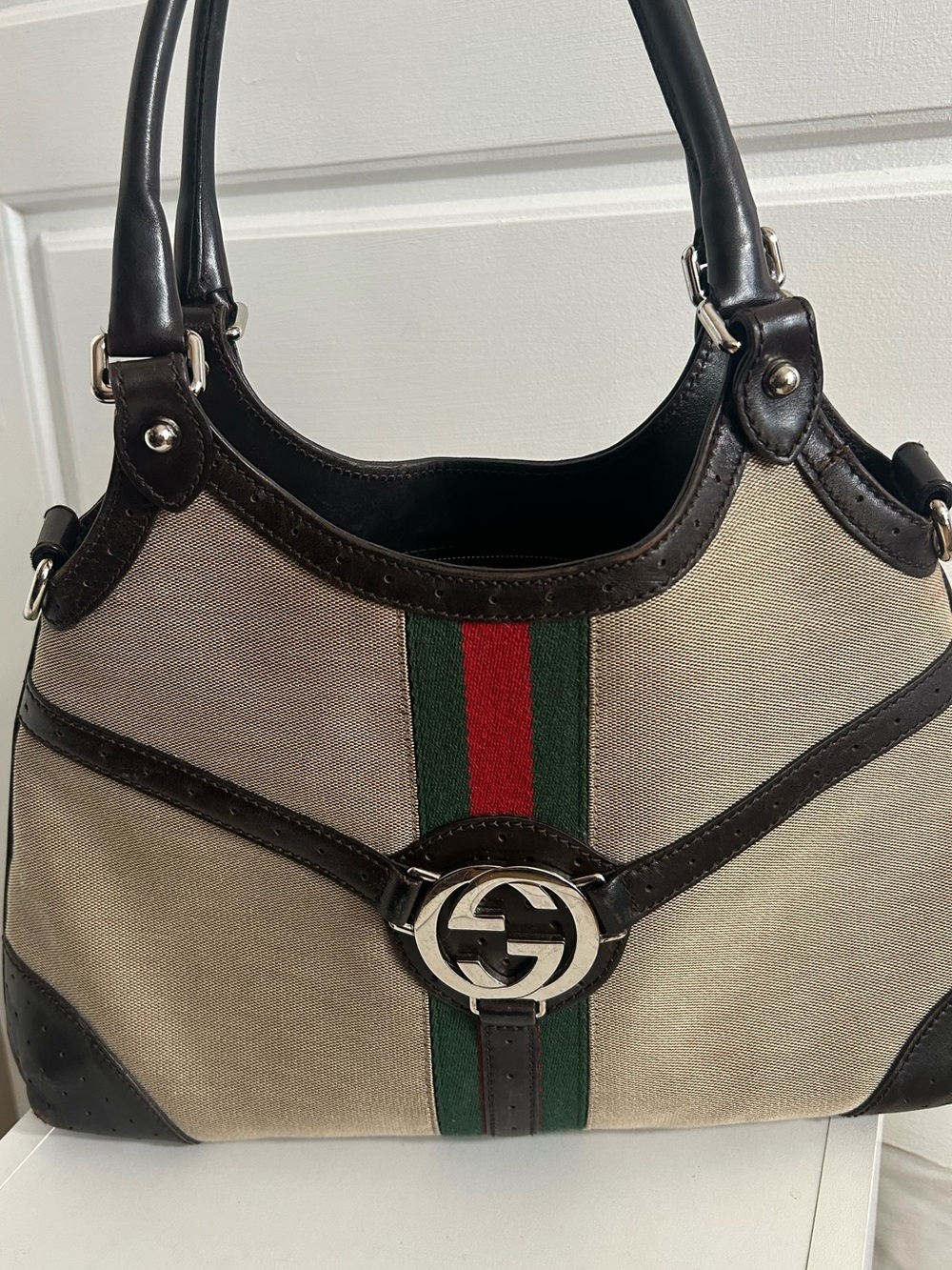 Vintage Gucci Beige Canvas Web Stripe Interlocking GG Hobo Bag